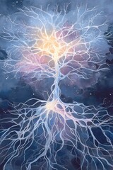 Ethereal tree illustration with luminous branches and roots, set against a cosmic background of deep blues and purples, symbolizing connection and growth in nature