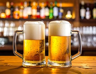 Two frosty beer mugs on a wooden bar