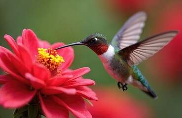 Fototapeta premium Hummingbird hovers near flower collecting nectar. Small bird with vibrant plumage approaches red blossom. Tiny creature at work pollinating a plant. Nature beauty.