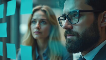Man and woman look at sticky notes on glass wall. Colleagues plan project strategy on board. Teamwork, brainstorming, business meeting, planning, ideas, analysis.