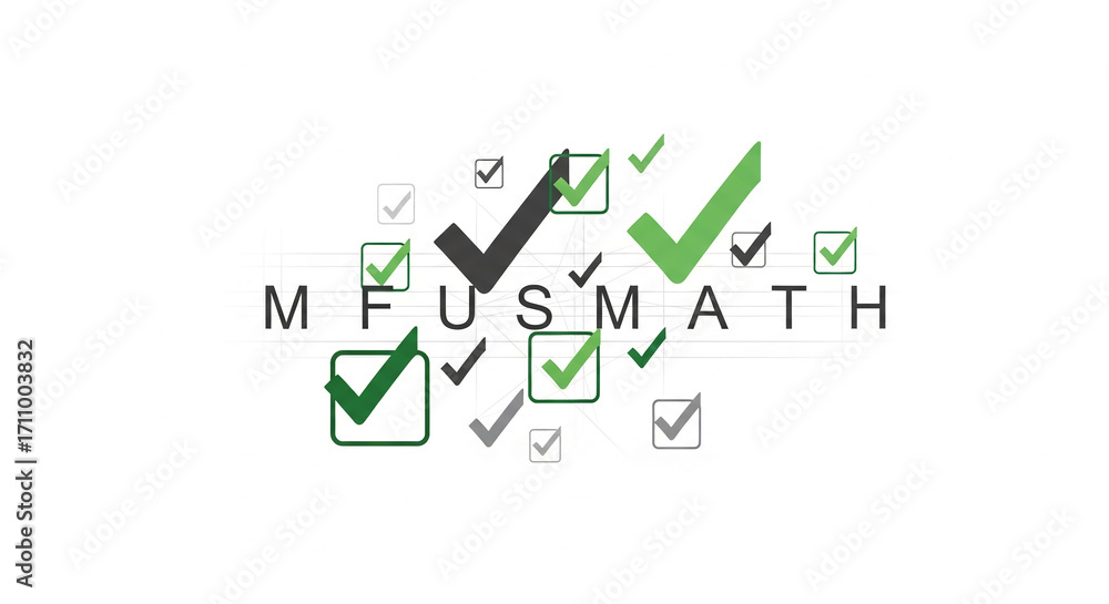 Poster abstract image featuring green and grey checkmarks surrounding the word 
