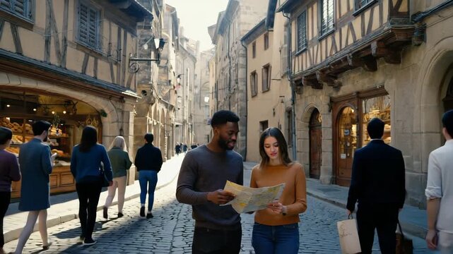 Couple standing on a cobblestone street in a historic European town, looking at a map while exploring old stone buildings and charming shops.