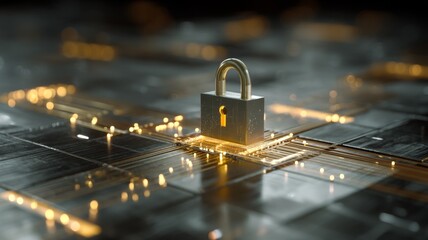 Digital padlock placed on a circuit board with glowing connections, symbolizing cybersecurity and data protection in a modern technological environment