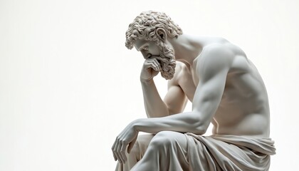 Fototapeta premium Illustration of a white sculpture representing a pensive male figure. Statue of thoughtful man with beard in a thinking pose. Concept of contemplation and wisdom. Bright background.
