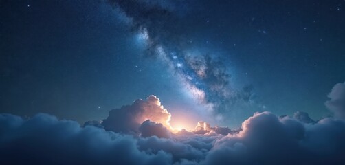 Dreamy sky view with milky way galaxy stars above soft clouds. Sunrise or sunset light glows through cloudy sky, creating peaceful atmosphere. Cosmic background.