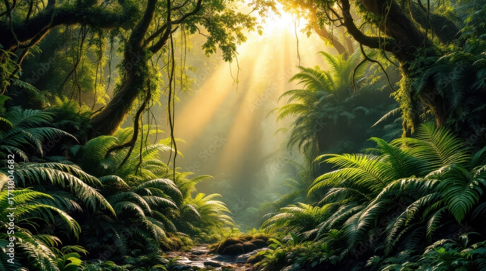 Aufkleber sunlight filters through dense foliage in a lush rainforest at dawn, creating a tranquil and vibrant