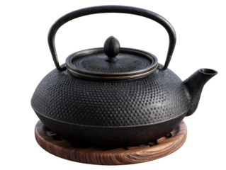 Black cast iron teakettle with wooden stand