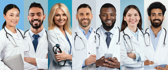 Fototapeta premium A diverse group of healthcare professionals, including men and women, stands together in a studio setting. They display a range of tools, showcasing their commitment to patient care and teamwork.