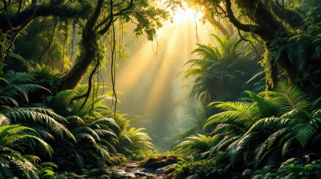 Sunlight filters through dense foliage in a lush rainforest at dawn, creating a tranquil and vibrant atmosphere - Powered by Adobe