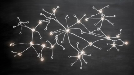Abstract illustration of interconnected nodes and pathways on a dark background, symbolizing complex networks, ideas, and connections in a visually striking manner