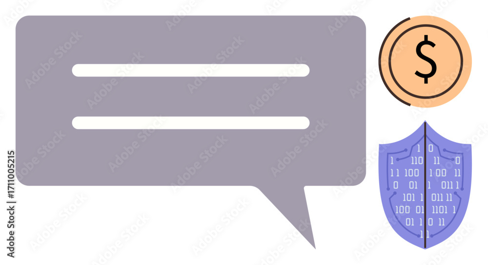 Poster speech bubble with two lines, shield reflecting binary code, and currency circle. ideal for cybersec