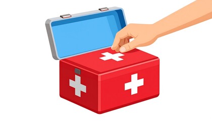 A hand opens a bright red first-aid kit, revealing a light-blue interior.