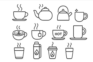 Hot Beverage Icons. Line style icons of hot beverages: steaming coffee cup, teapot with heat lines, cocoa mug with sparkle, kettle