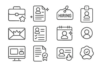 Job Icons Collection. Line style icons of featured jobs: briefcase with star, resume page with glow, hiring board tag, badge with