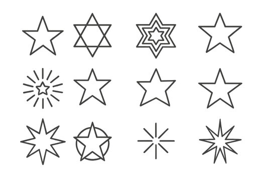 Geometric Star Icons. Line style icons of geometric stars: five-pointed star, six-pointed hexagram, layered stars, nested stars;