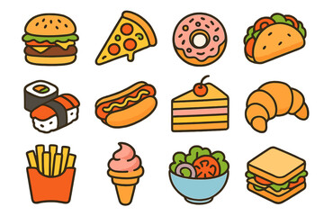 Colorful Food Icons. Line style icons of colorful food: colorful burger, colorful pizza, colorful donut, colorful taco; colorful