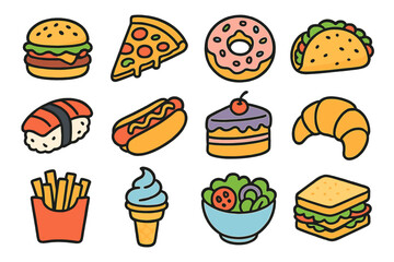 Colorful Food Icons. Line style icons of colorful food: colorful burger, colorful pizza, colorful donut, colorful taco; colorful