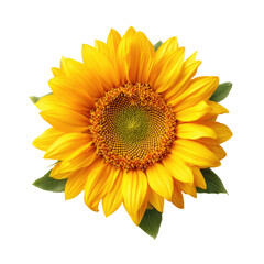 Obraz premium Close-up of a vibrant sunflower. Bright yellow petals surround a dark-yellow central disc, accented by green seed-heads
