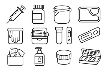 Medical Plastic Icons. Line style icons of plastic medical items: plastic syringe, plastic pill bottle, plastic face shield,