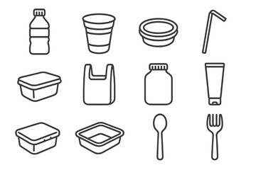 Plastic Icons Collection. Line style icons of plastic objects: plastic bottle, plastic cup, plastic lid, plastic straw; plastic