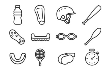 Plastic Sports Gear Icons. Line style icons of plastic sporting goods: plastic water bottle, plastic shin guard, plastic helmet,