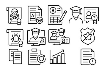 Educational Fraud Icons. Line style icons of educational fraud: forged diploma, fake transcript, altered report card,