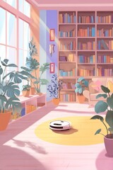 Modern living room featuring a robotic vacuum cleaner on a yellow rug, surrounded by lush plants, bookshelves filled with colorful books, and bright sunlight streaming through large windows