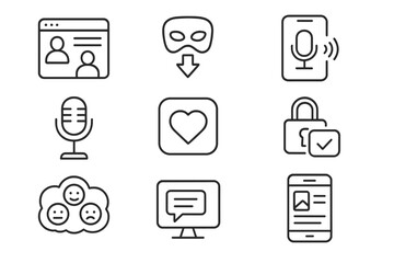Digital Confession Icons. Line style icons of digital platforms for confession: confession forum icon, anonymous submission site,
