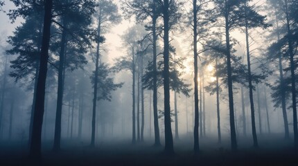 Misty forest landscape with tall trees and soft sunlight filtering through during early morning hours