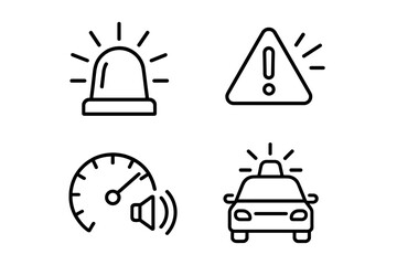 Dashboard Siren Icons. Line style icons of vehicle dashboard siren indicators: siren light icon, alert triangle with flash, speed