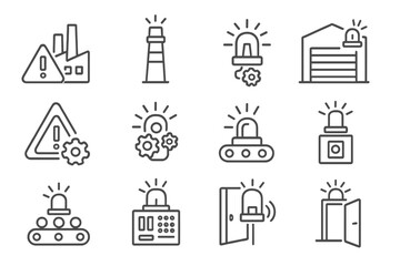 Industrial Alert Icons. Line style icons of industrial sirens: factory with alert icon, smokestack beacon, mechanical alarm unit,
