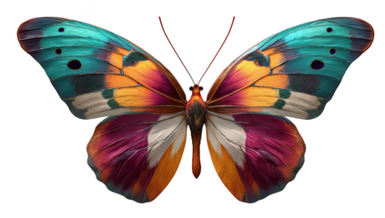 Vivid butterfly with teal, orange, and magenta wings, spread against black background
