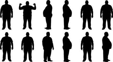 Black male silhouette poses in various standing positions, side view, front view, posture variations, body shape diversity, vector illustration