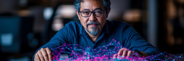 Intelligent Asian male expert in glasses and goatee engaging with vibrant holographic data network, symbolizing advanced technology, AI, and future innovation solutions