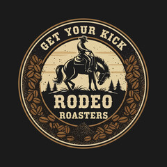 A cowboy riding a bucking horse, surrounded by coffee beans, a vintage-style graphic design.