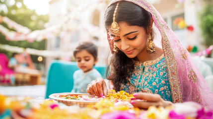 Elegant South Asian woman in traditional attire, adorned with jewelry and mehndi, gracefully participates in vibrant haldi ceremony amidst colorful floral decorations and family celebration outdoors