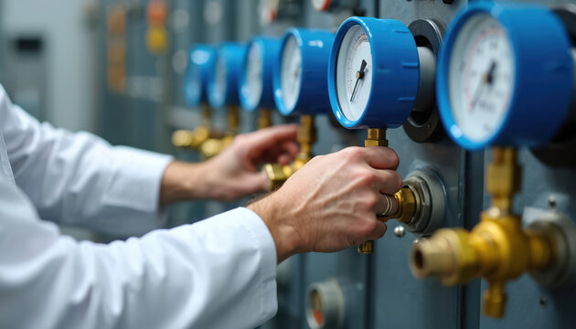Person in lab coat adjusts blue pressure gauges on industrial equipment. Hands turn brass valves on complex machinery panel. Technician operates scientific instruments in factory laboratory setting - Powered by Adobe
