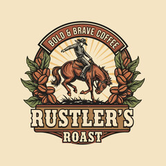 A cowboy riding a bucking horse, surrounded by coffee beans, a vintage-style graphic design.