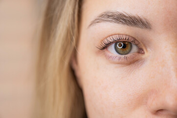 Close-up of a woman's eye after eyelash lamination procedure. 
