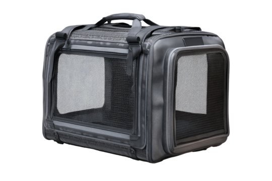 Gray pet carrier, rectangular, with mesh panels