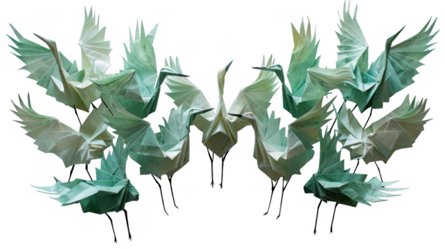A flock of origami paper cranes in various shades of green, arranged in a dynamic display, isolated on transparent background