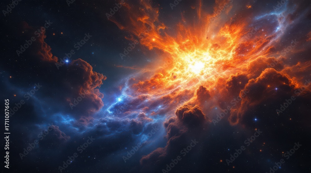Poster Vibrant cosmic explosion illuminating a distant galaxy in a colorful nebula at the edge of the universe
