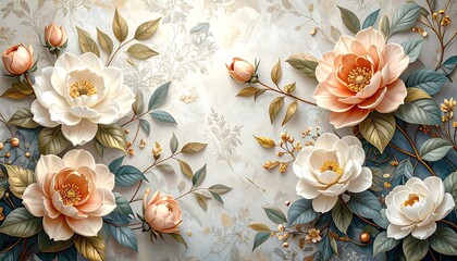Floral wall art with peach and cream blossoms