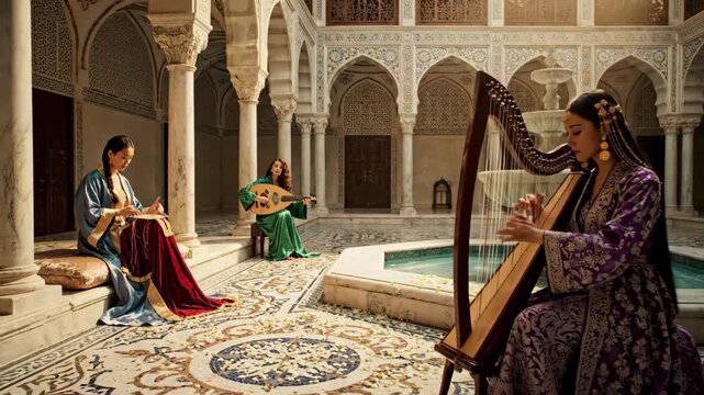 Elegant Women Creating Art and Music in a Serene, Sunlit Moorish Palace Courtyard