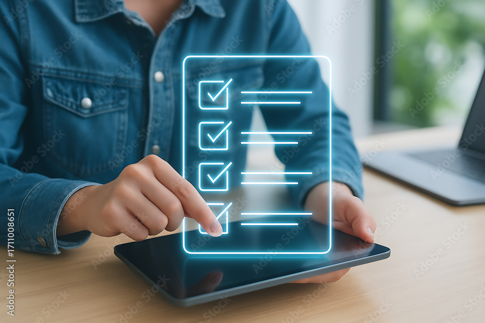 Poster businesswoman is using a tablet and pointing at a glowing digital checklist with an incomplete item,
