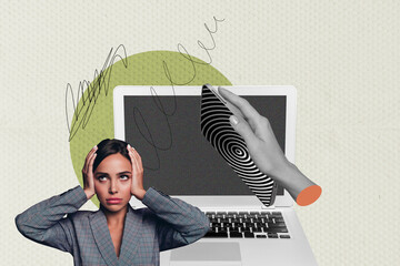 Collage portraying smartphone addiction and manipulation through digital lies and hypnotic...