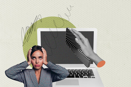 Fototapeta Collage portraying smartphone addiction and manipulation through digital lies and hypnotic propaganda illusions