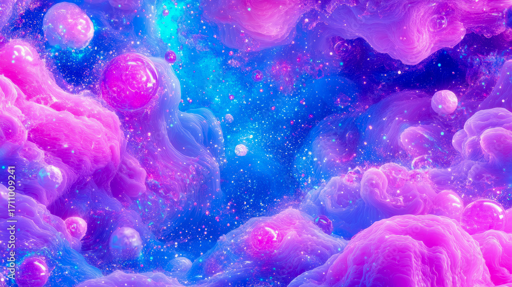Poster mesmerizing abstract realm of bioluminescent pink and violet cloud formations amidst glittering azur