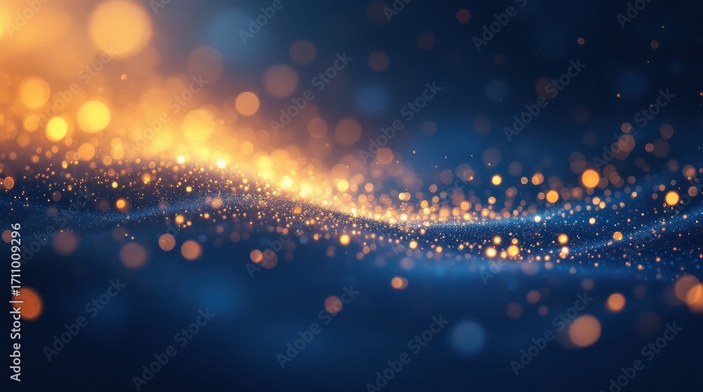 Poster glowing particles create a mesmerizing wave of light in deep blue background during evening hours