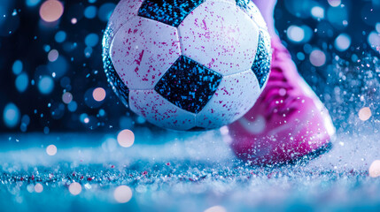 Dynamic close-up of pink-speckled soccer ball and vibrant pink cleat kicking off dazzling shower of blue and magenta glitter on sparkling field.
